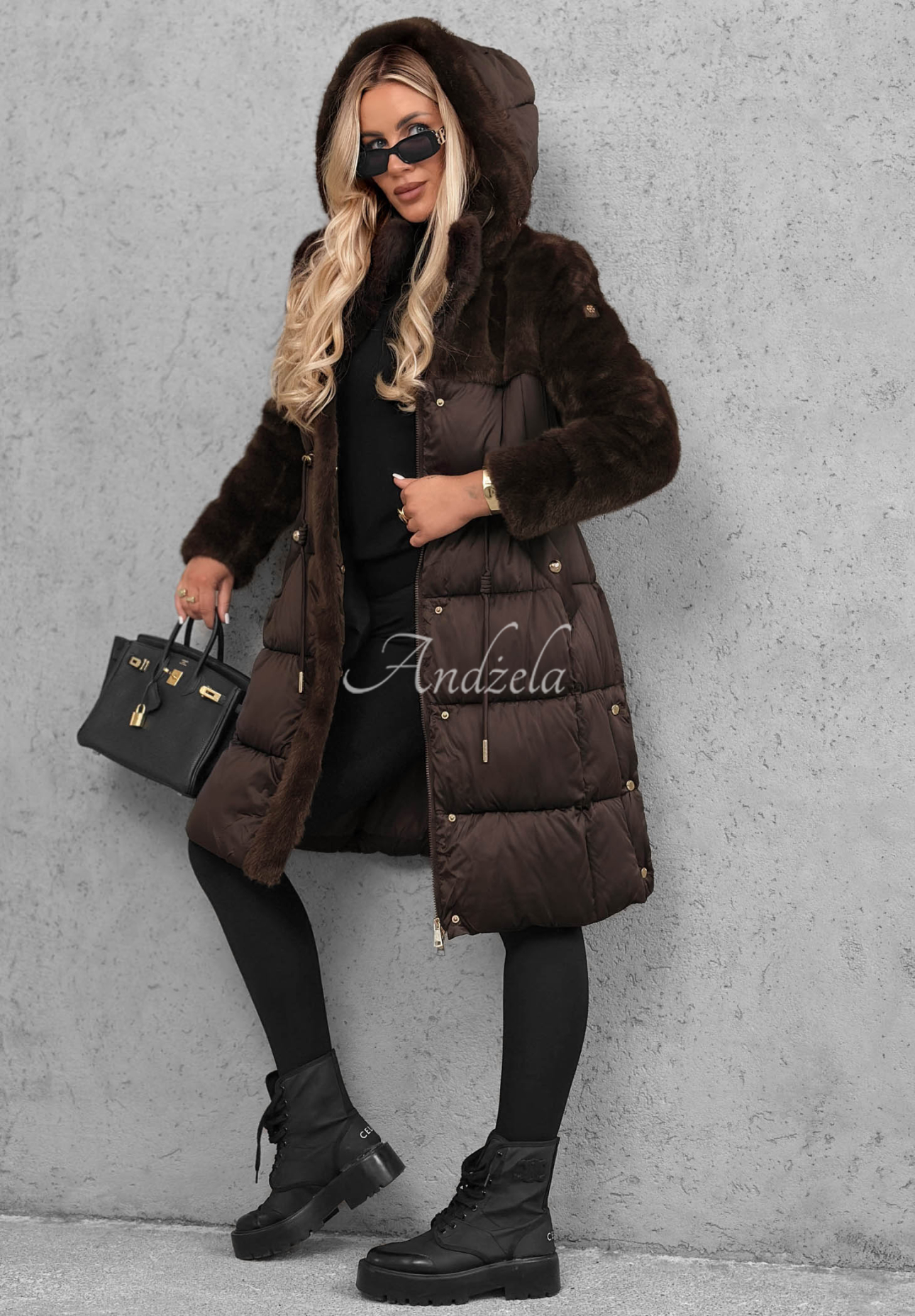 Out Today Long Quilted Jacket with Teddy Bear, Chocolate Brown