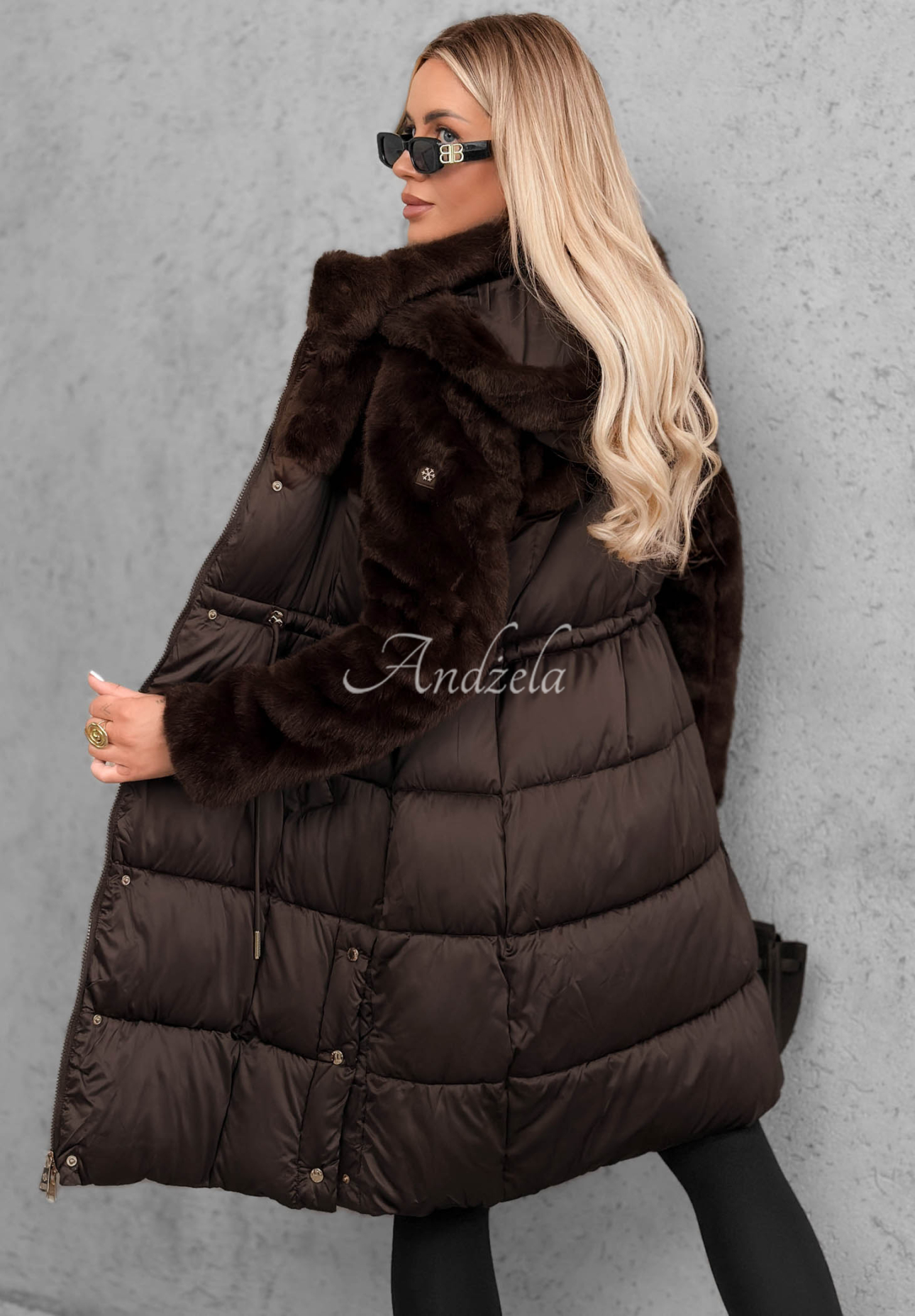 Out Today Long Quilted Jacket with Teddy Bear, Chocolate Brown
