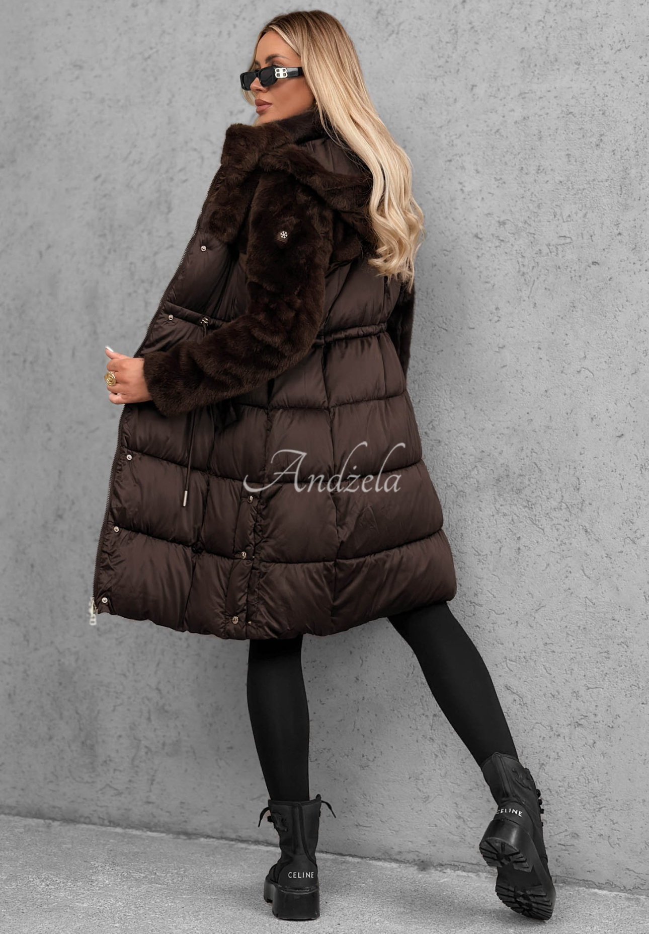 Out Today Long Quilted Jacket with Teddy Bear, Chocolate Brown