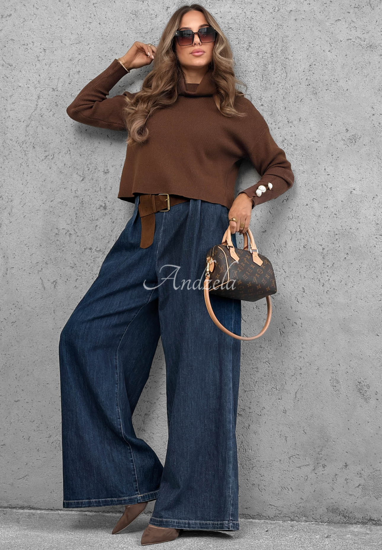 Spodnie jeansowe wide leg z paskiem Amber Chapter granatowe