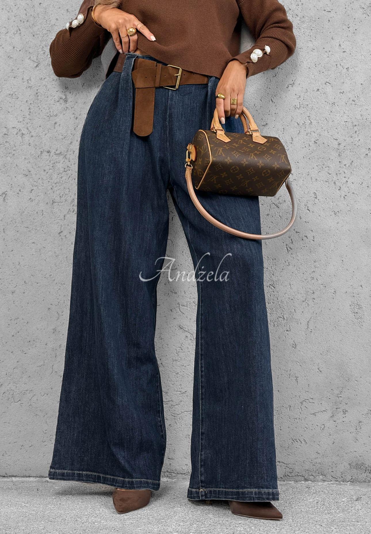 Spodnie jeansowe wide leg z paskiem Amber Chapter granatowe