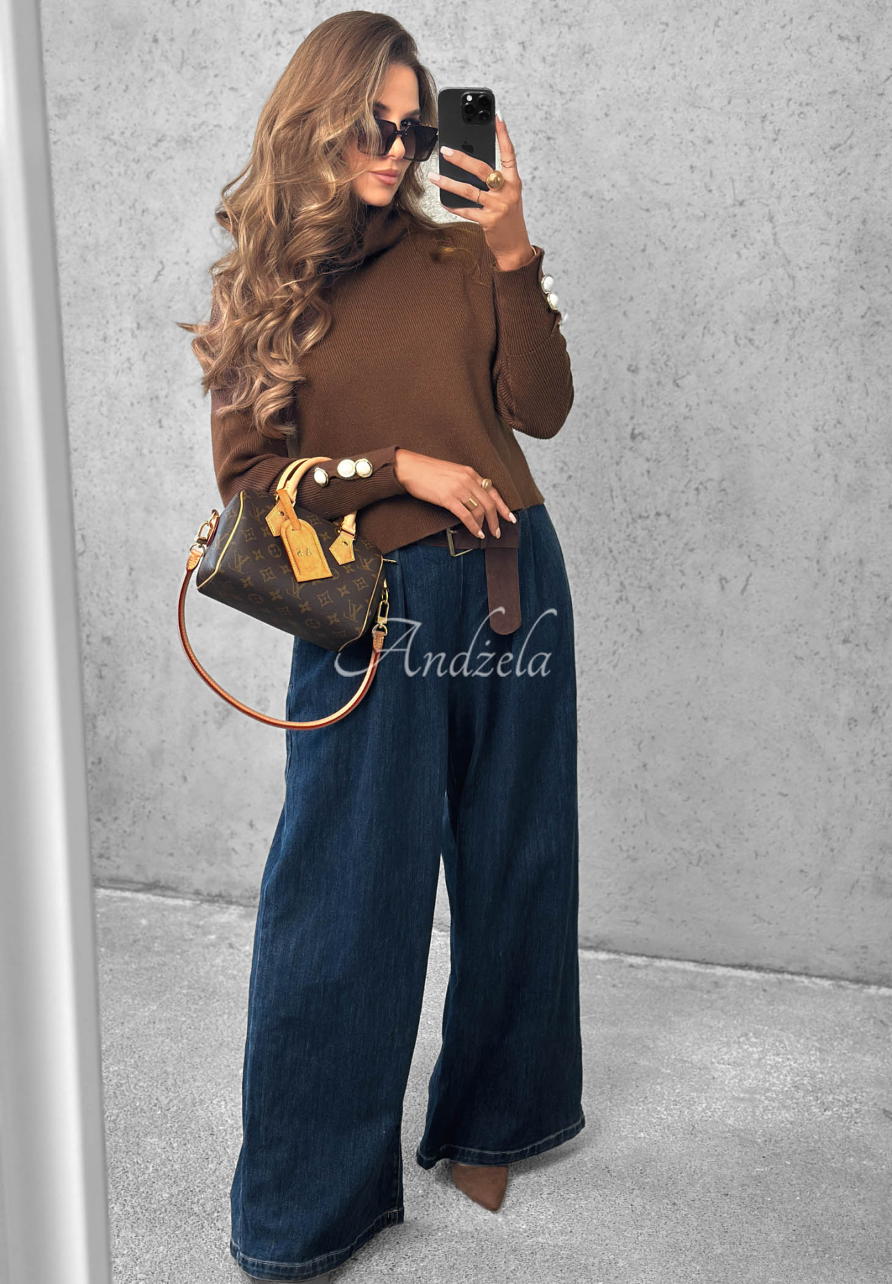 Spodnie jeansowe wide leg z paskiem Amber Chapter granatowe