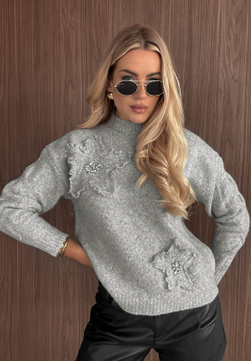 Miękki wiskozowy sweter z kryształkami Crystal Sky szary