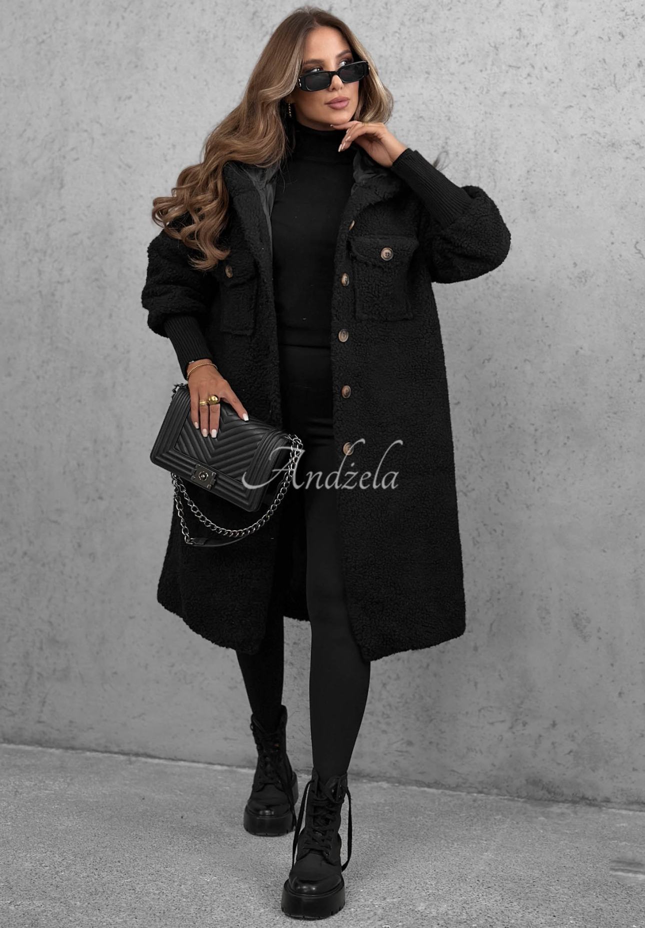 Aspen Babe Long Black Hooded Shearling Coat
