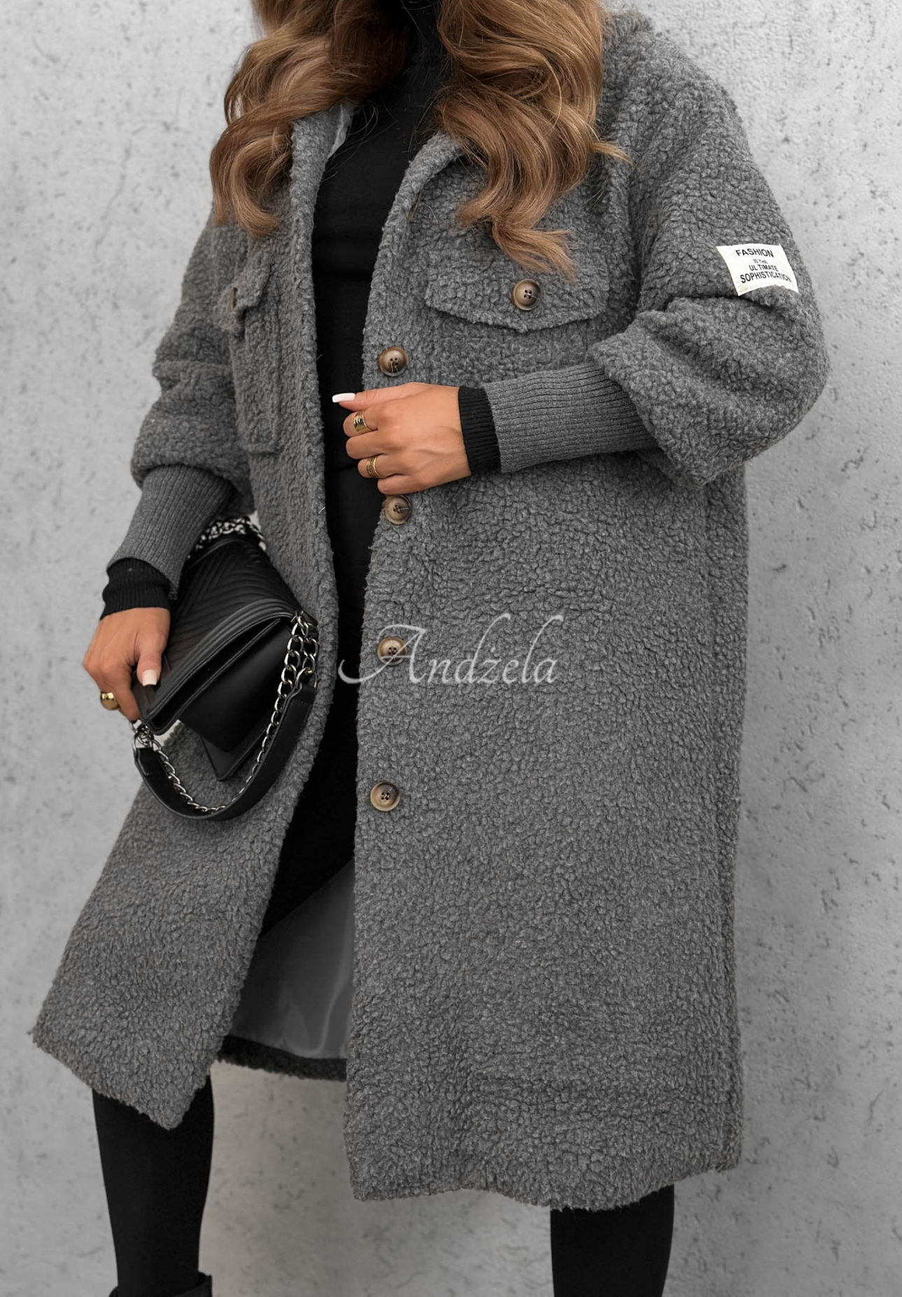 Aspen Babe Long Hooded Shearling Coat, Gray