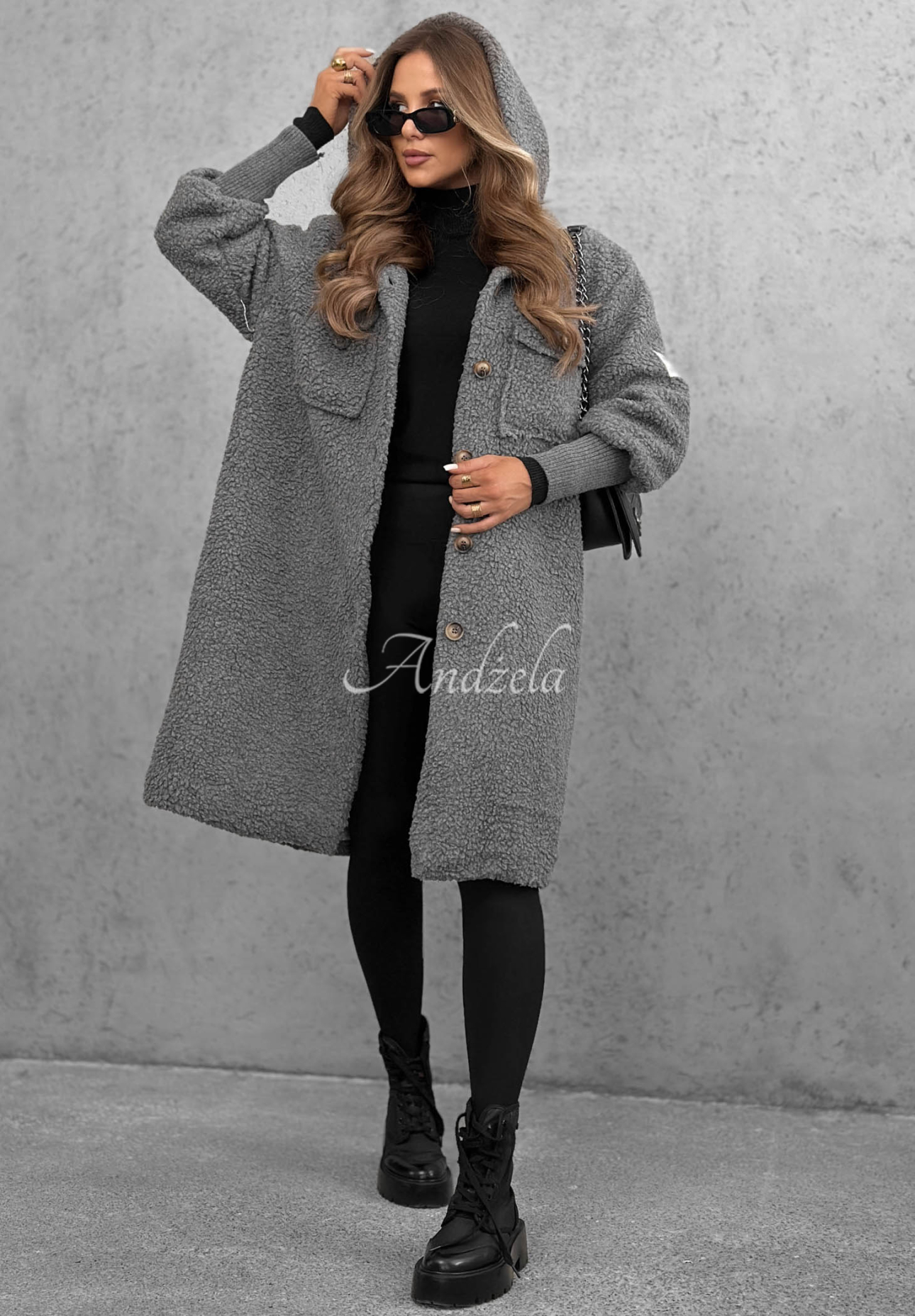 Aspen Babe Long Hooded Shearling Coat, Gray