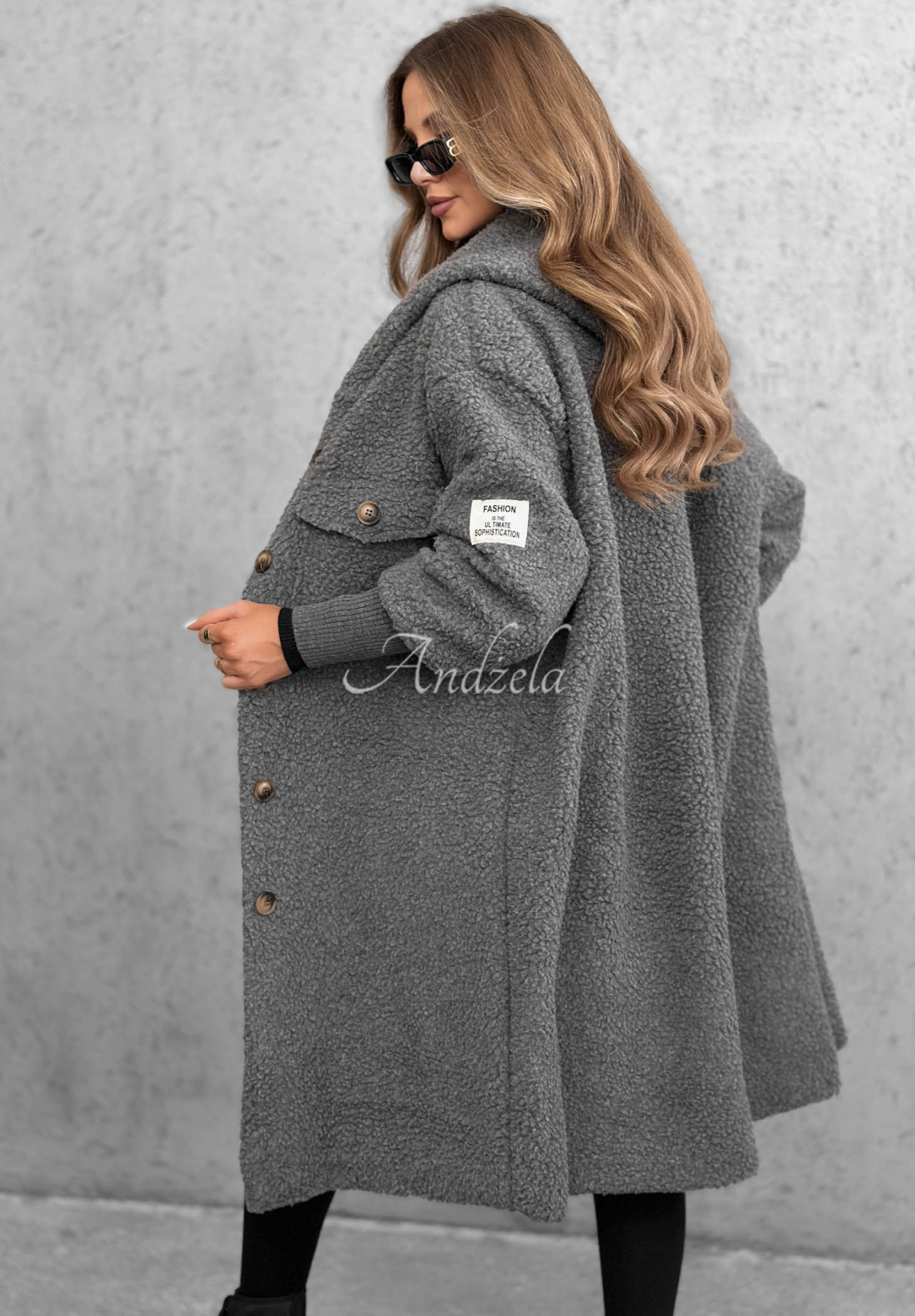 Aspen Babe Long Hooded Shearling Coat, Gray