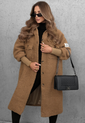 Aspen Babe Long Camel-Colored Hooded Shearling Coat