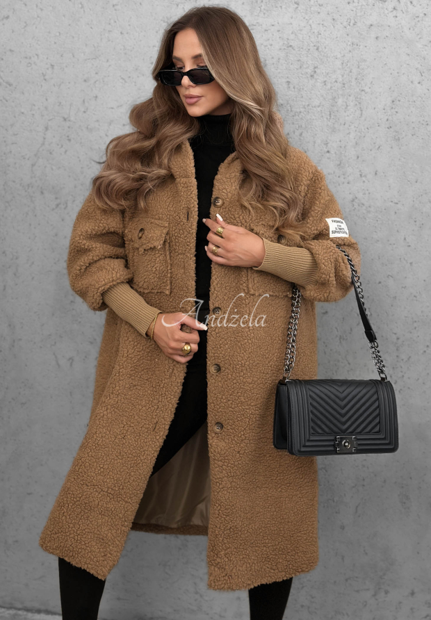 Długi płaszcz kożuszek z kapturem Aspen Babe camelowy