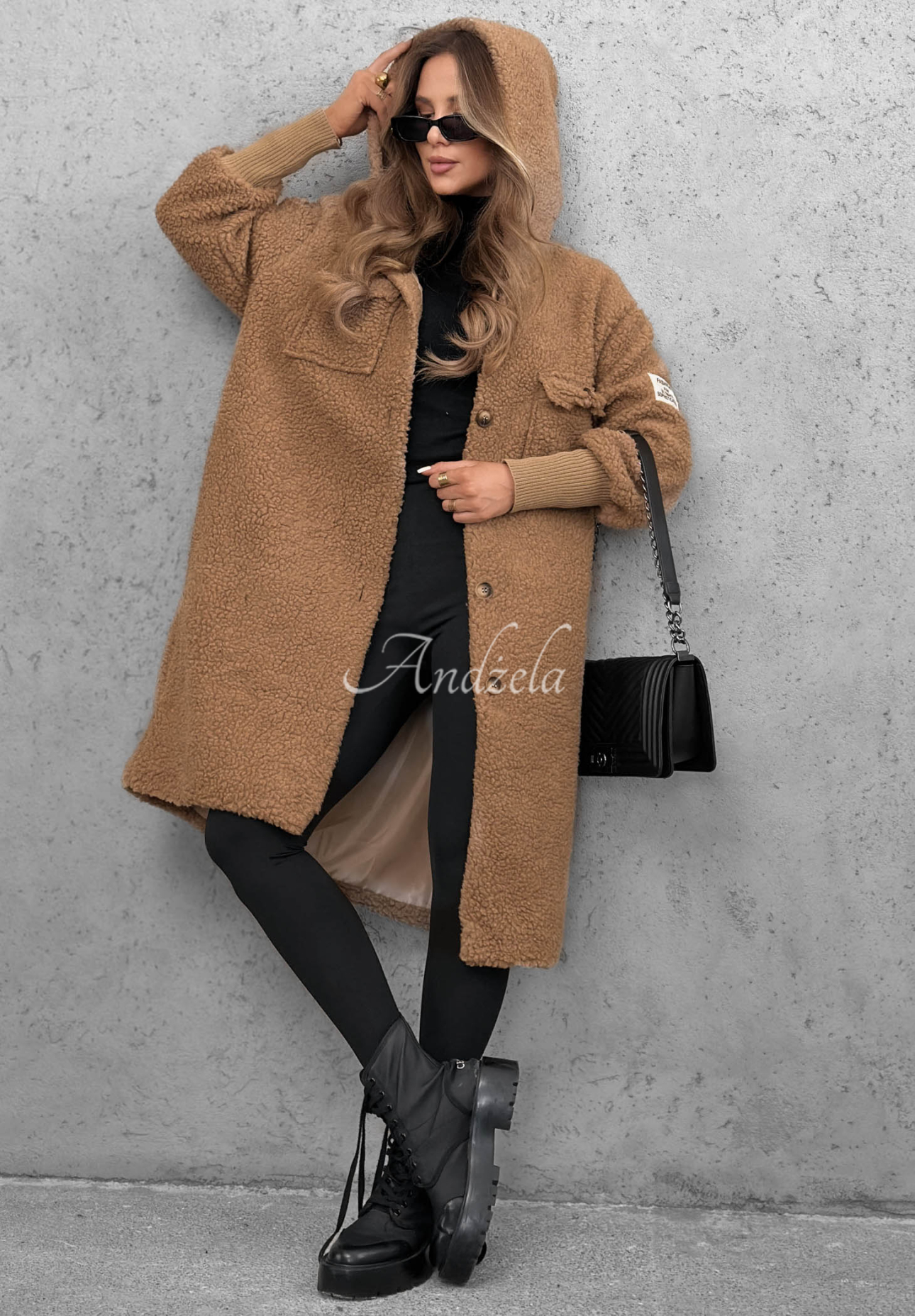 Aspen Babe Long Camel-Colored Hooded Shearling Coat