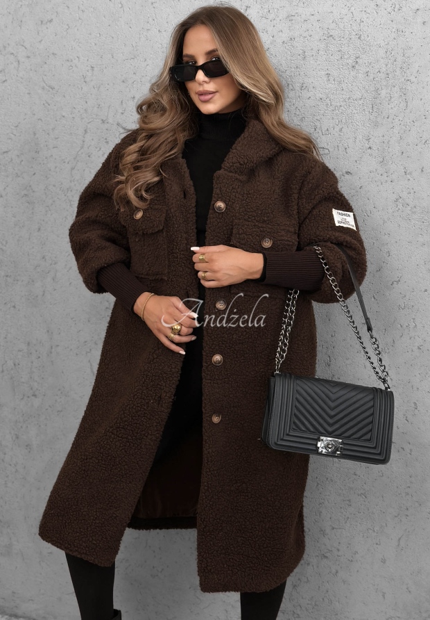 Aspen Babe Long Chocolate-Colored Hooded Shearling Coat