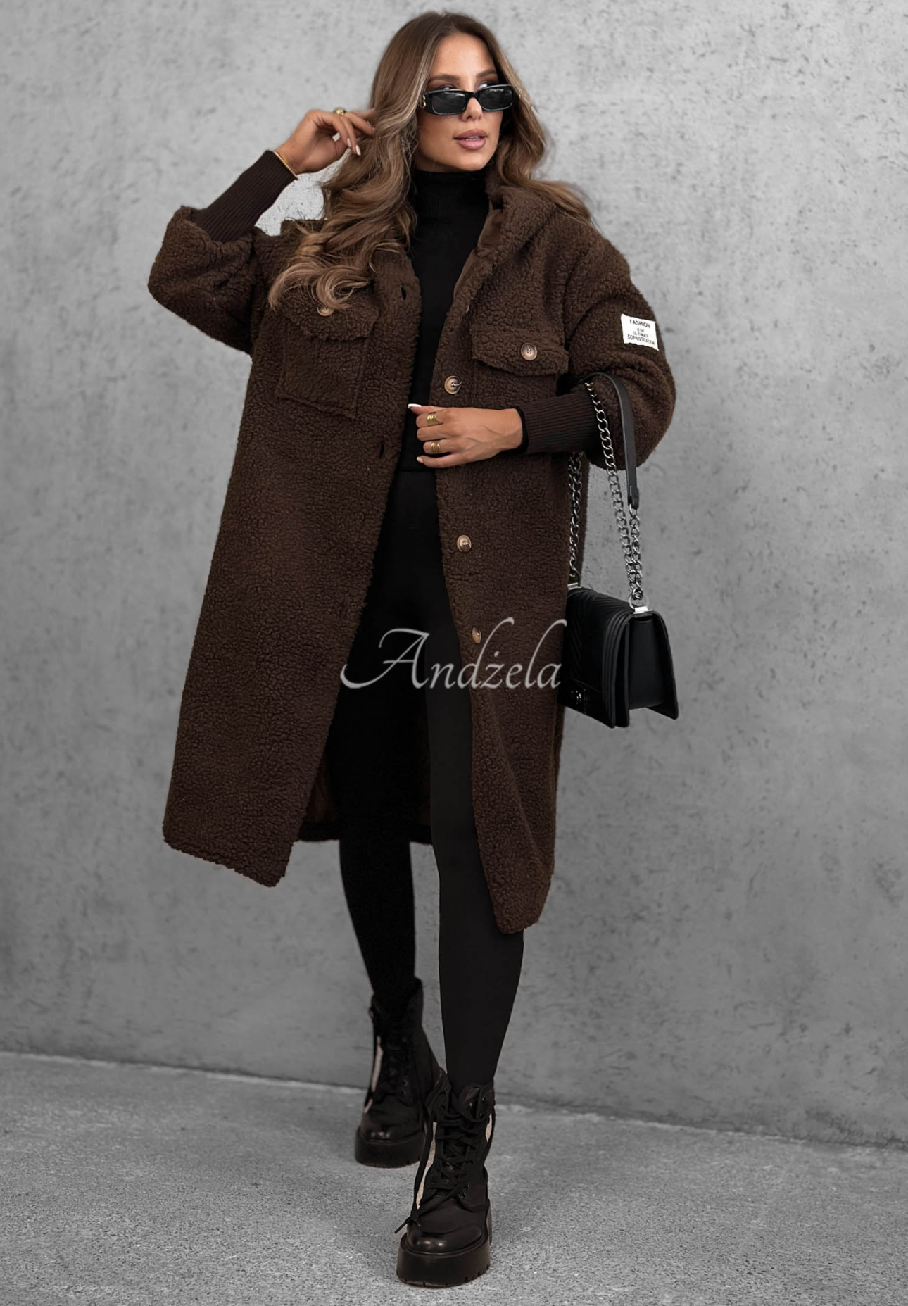 Aspen Babe Long Chocolate-Colored Hooded Shearling Coat