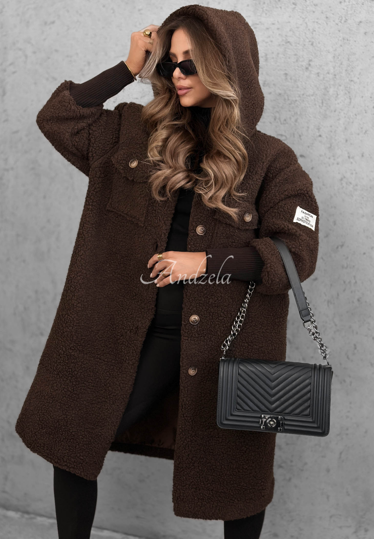 Aspen Babe Long Chocolate-Colored Hooded Shearling Coat
