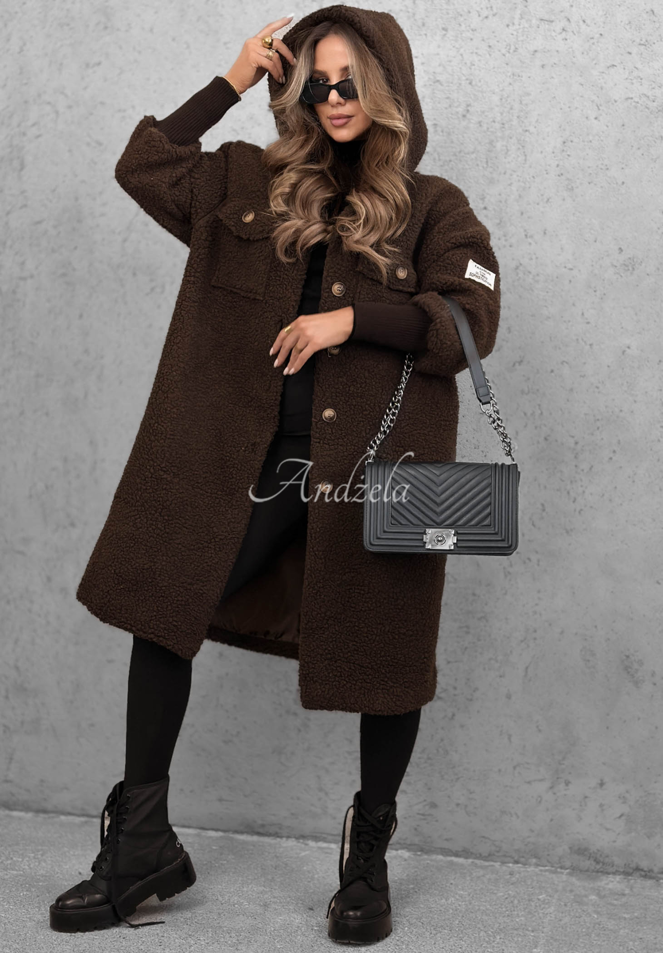 Aspen Babe Long Chocolate-Colored Hooded Shearling Coat