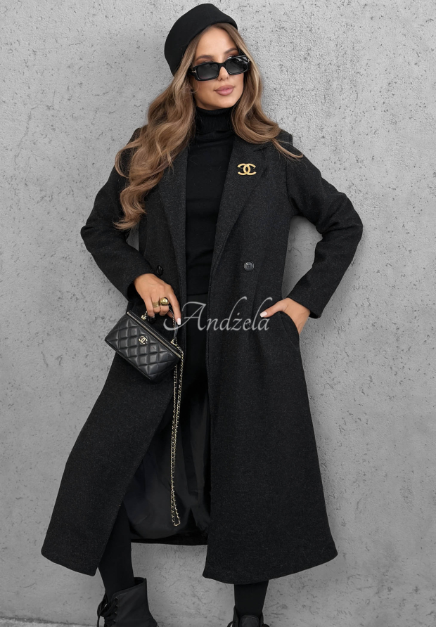 Cinnamon Street Long Double-Breasted Coat with Collar, Black