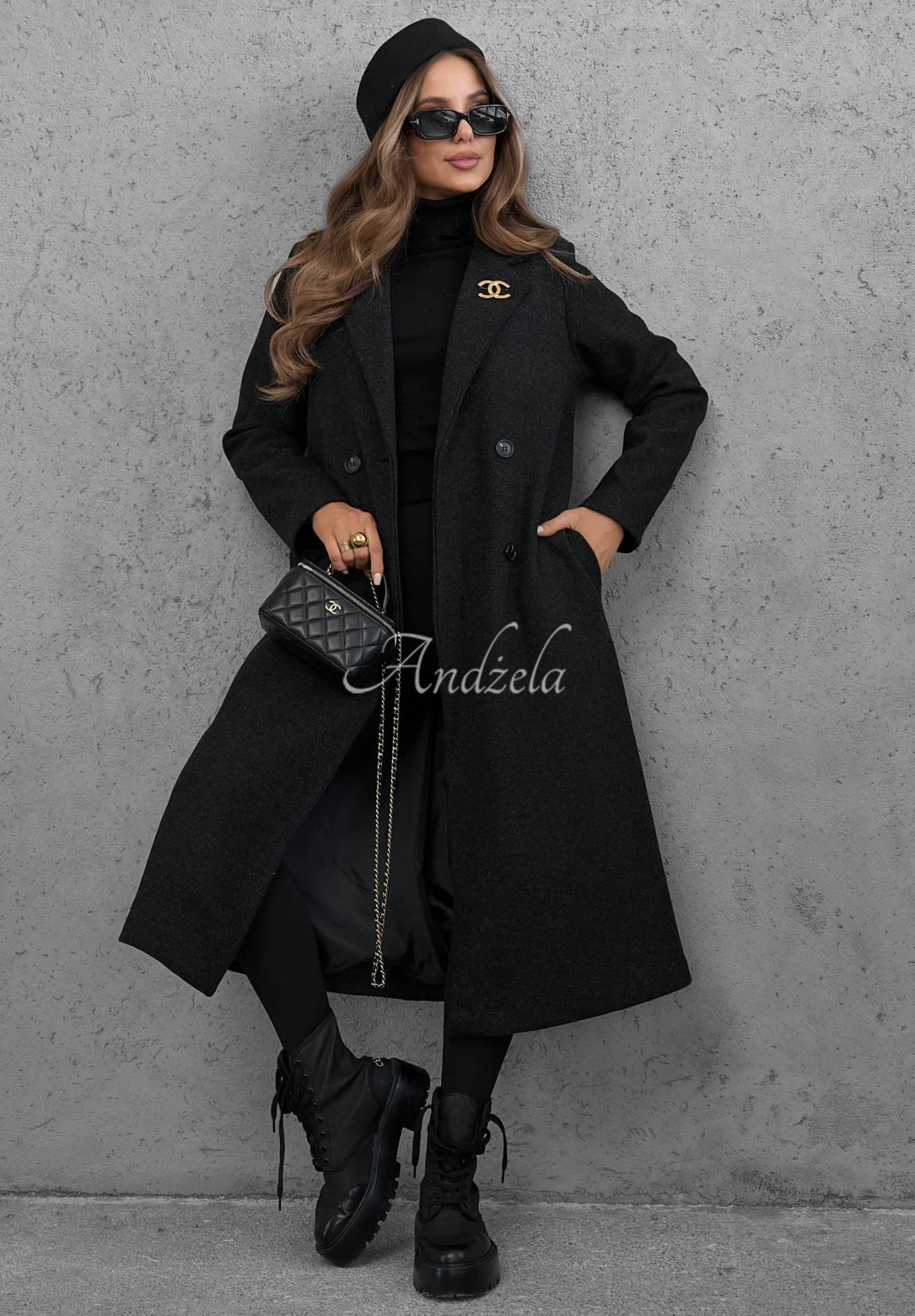 Cinnamon Street Long Double-Breasted Coat with Collar, Black