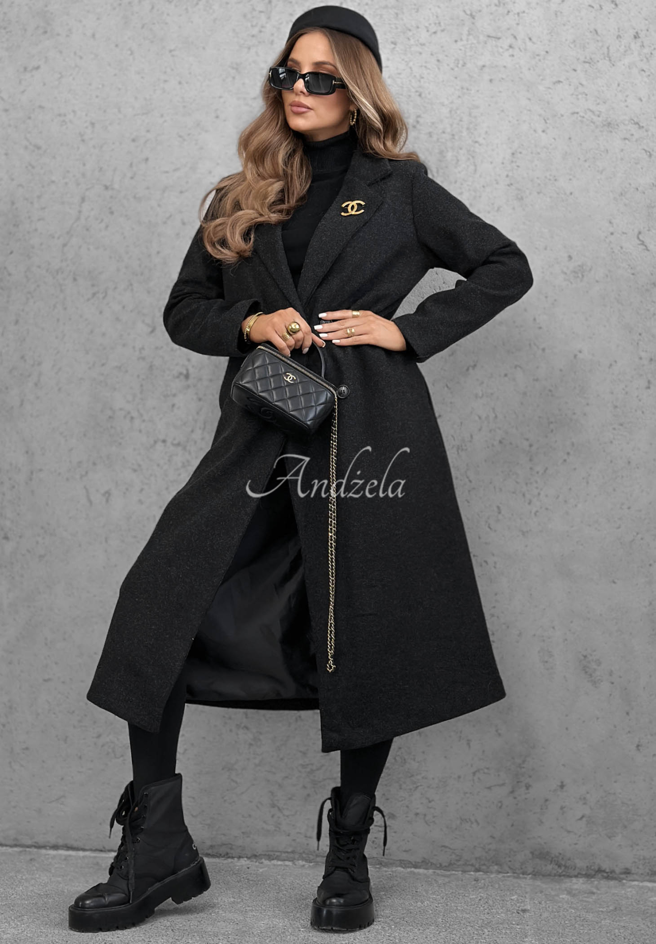 Cinnamon Street Long Double-Breasted Coat with Collar, Black