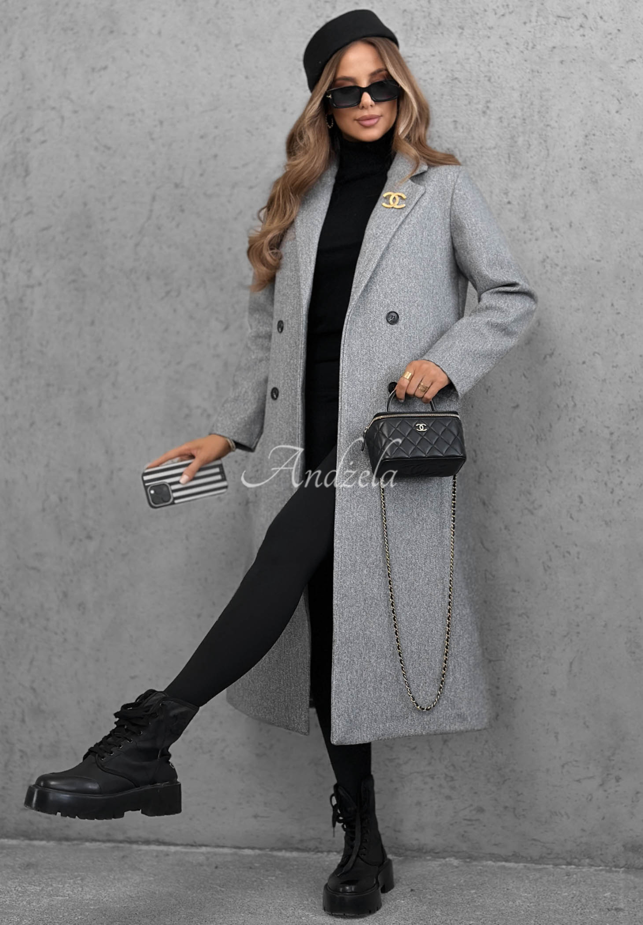 Cinnamon Street Long Double-Breasted Coat with Collar, Gray