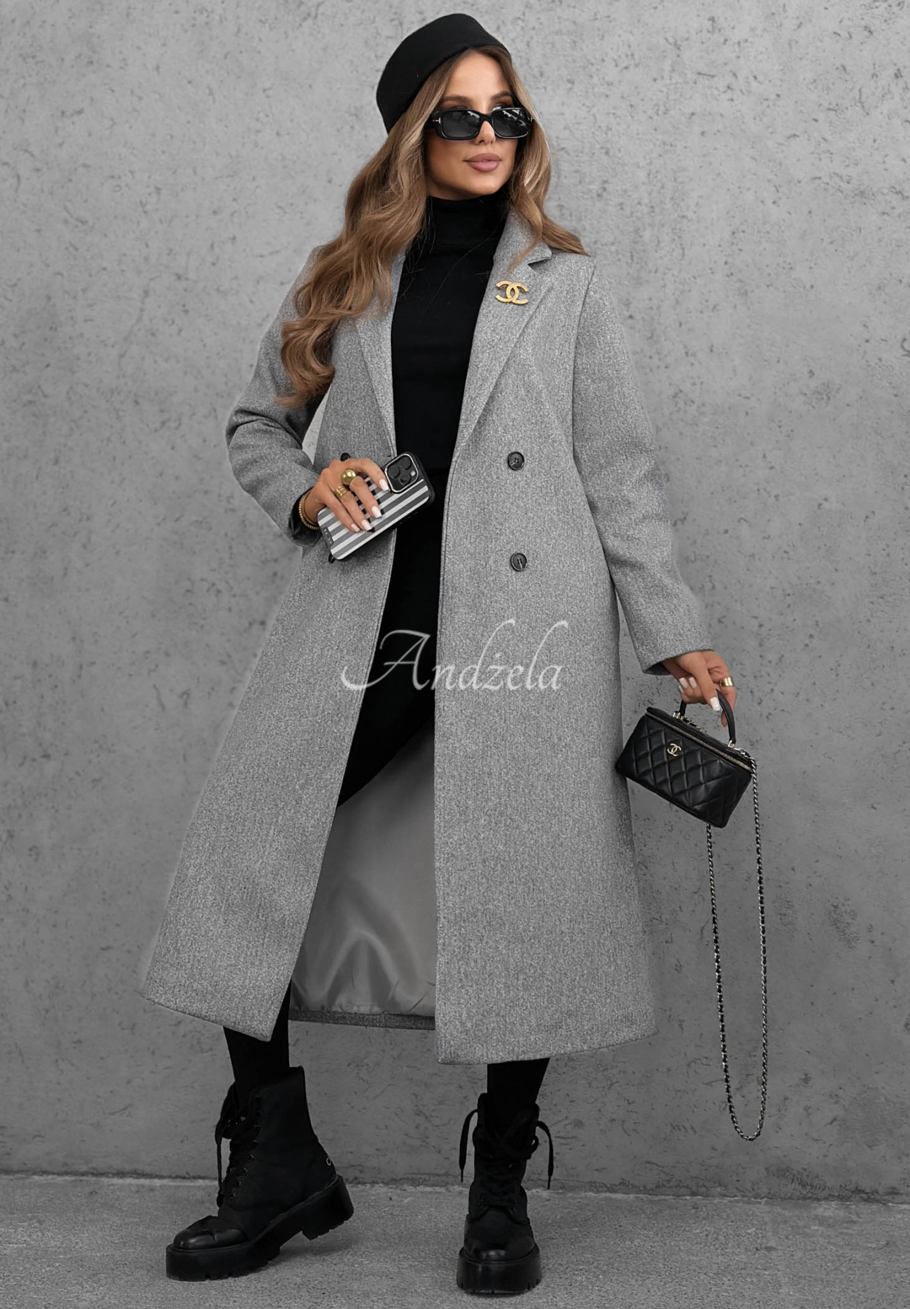 Długi dwurzędowy płaszcz z kołnierzem Cinnamon Street szary