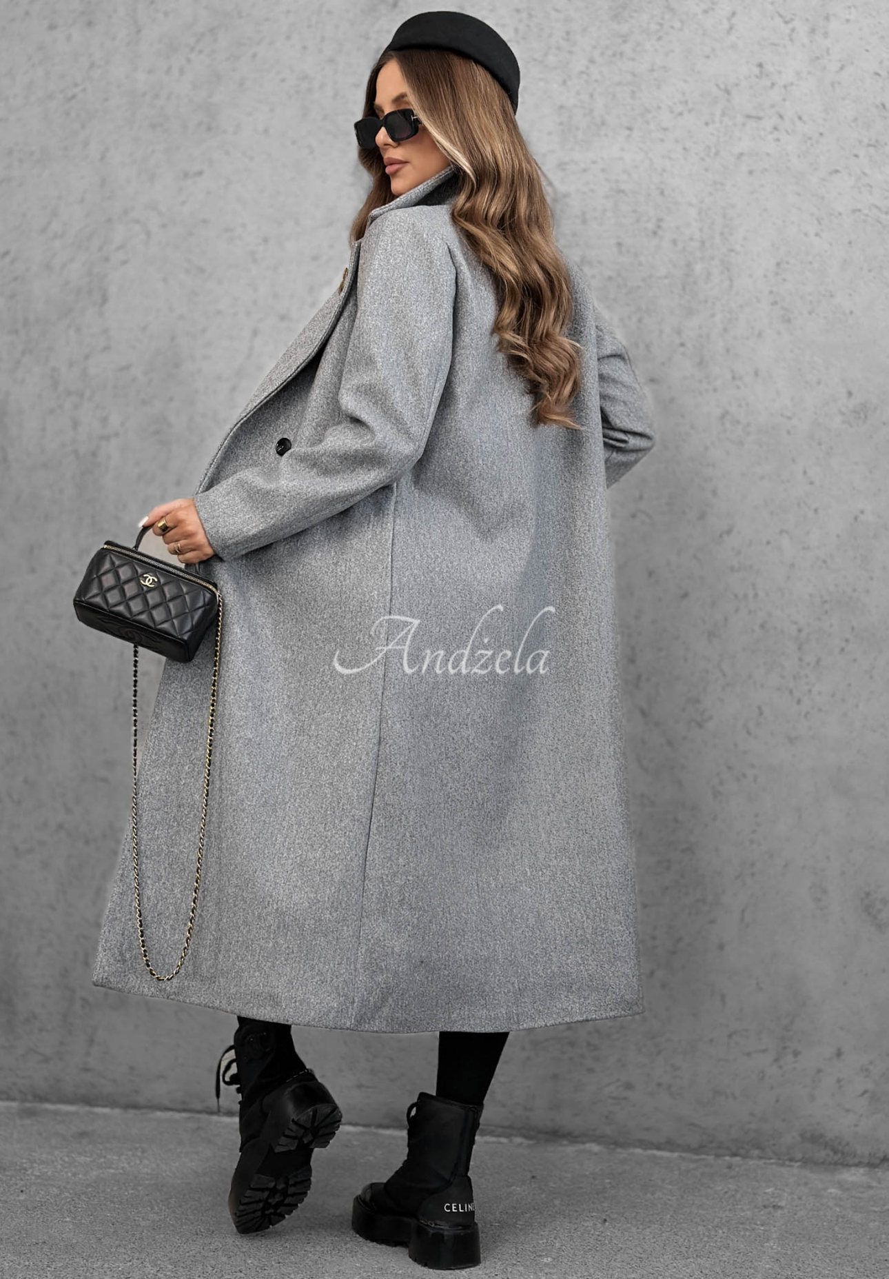 Cinnamon Street Long Double-Breasted Coat with Collar, Gray