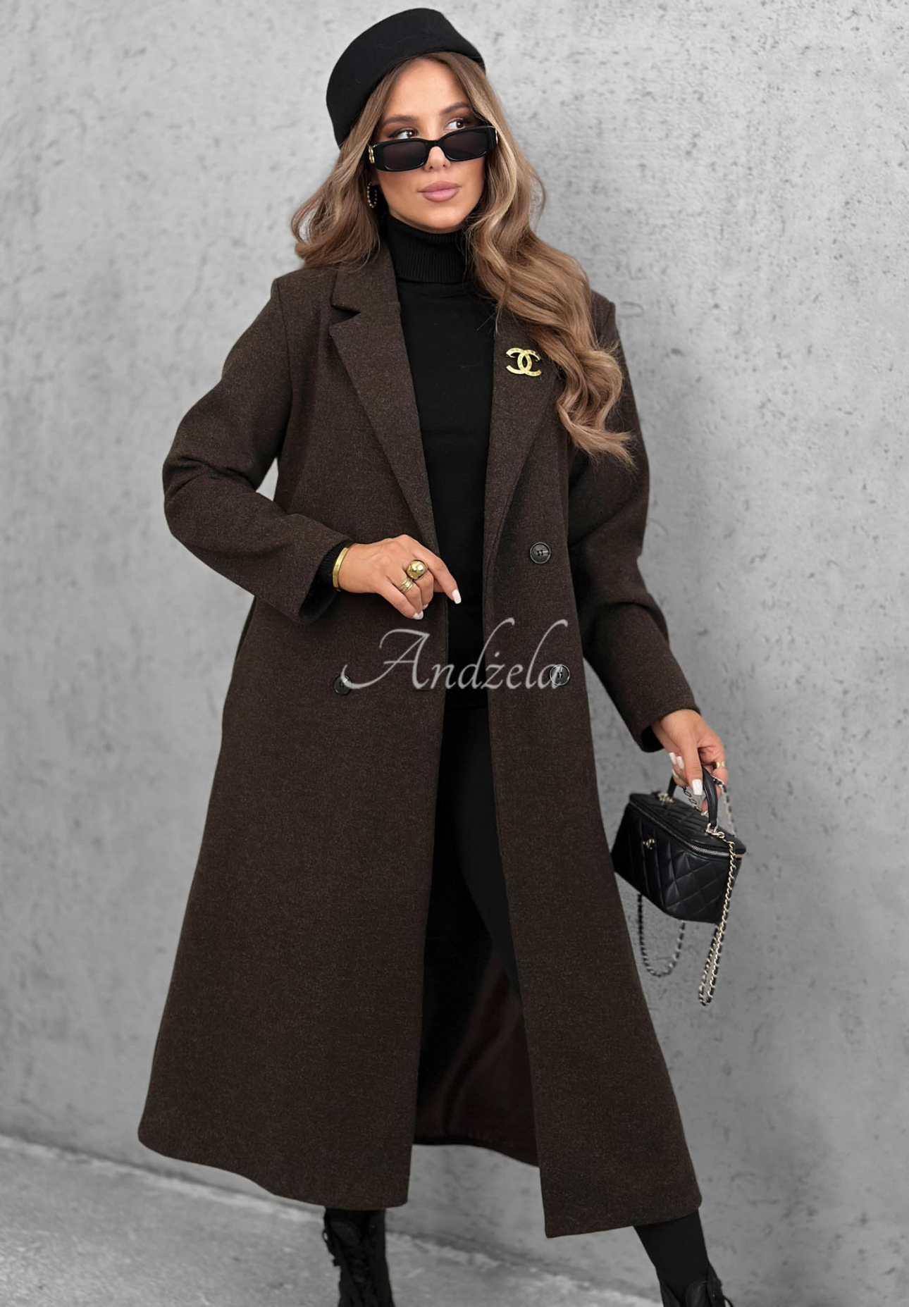 Cinnamon Street Long Double-Breasted Coat with Collar in Chocolate Brown