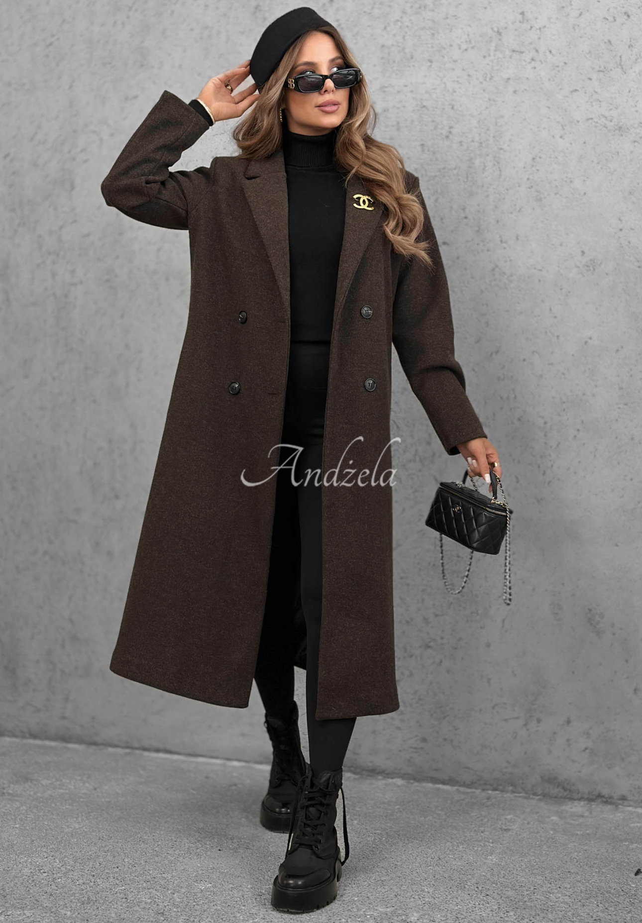 Cinnamon Street Long Double-Breasted Coat with Collar in Chocolate Brown