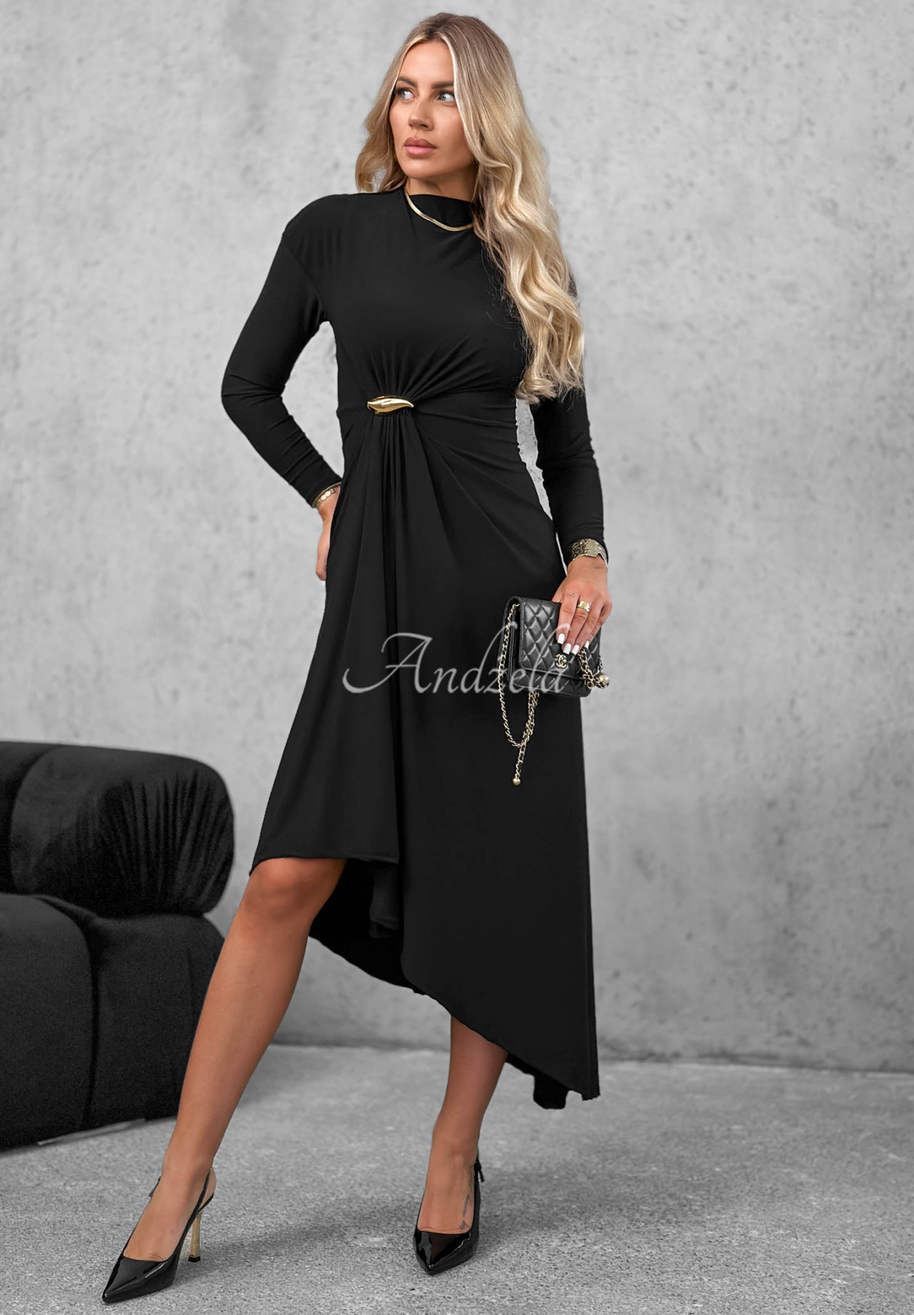 Hot Authority Black Long-Sleeved Midi Dress with Ruffles