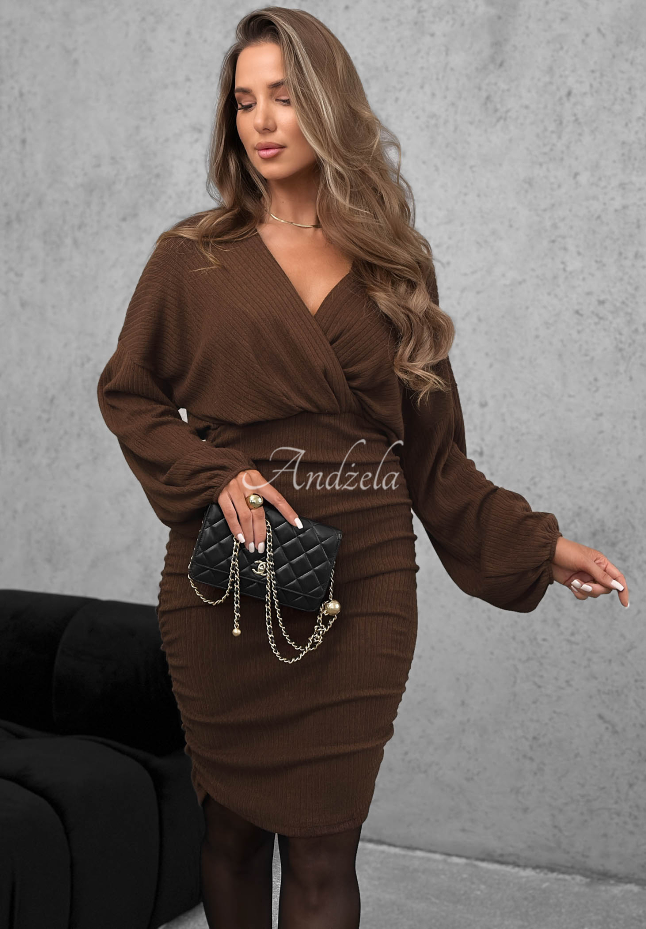 Miss Attitude Chocolate-Colored Viscose Dress with a Wrap Neckline and Ruffles