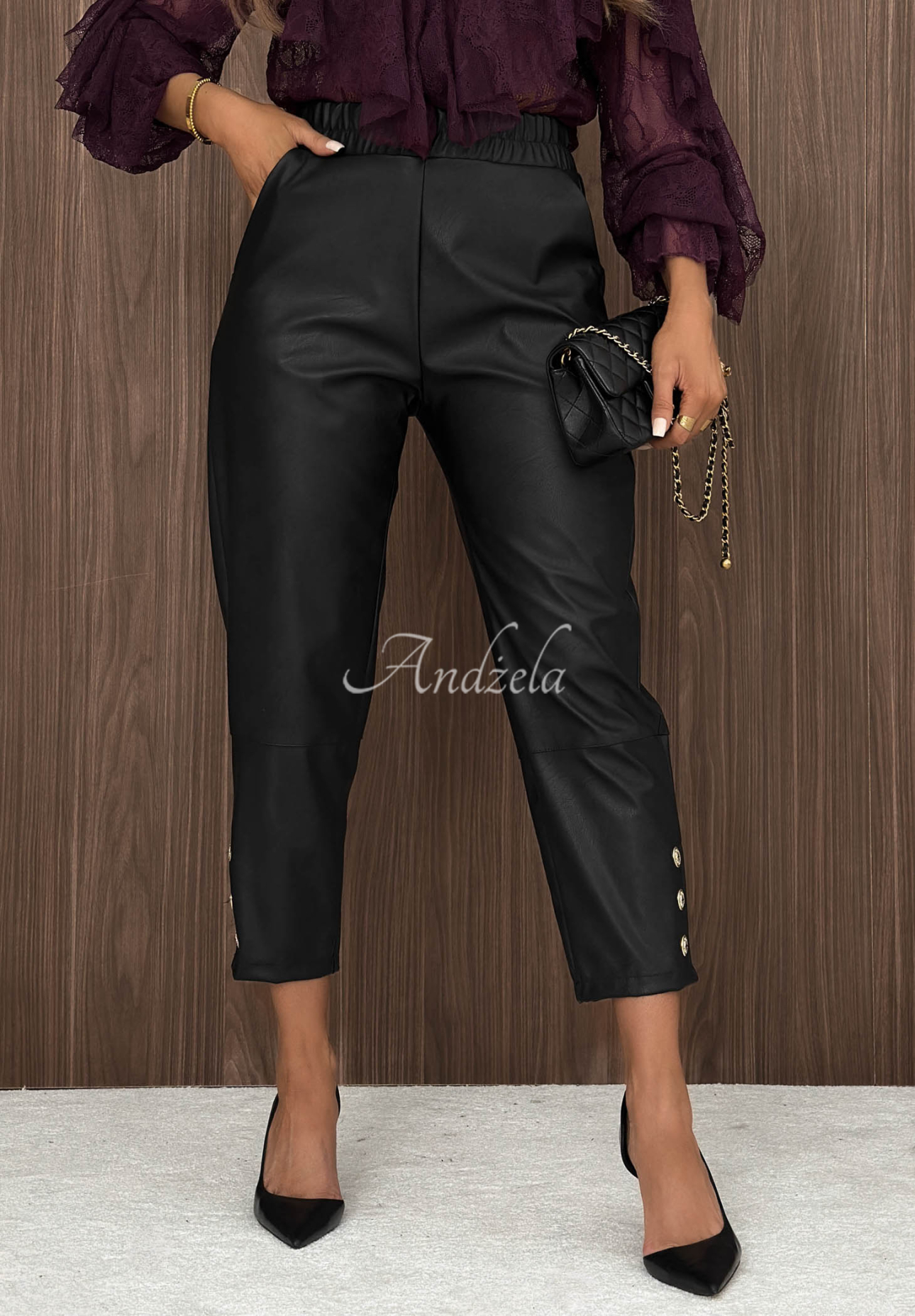 Private Meeting Black Leather Pants with Buttons
