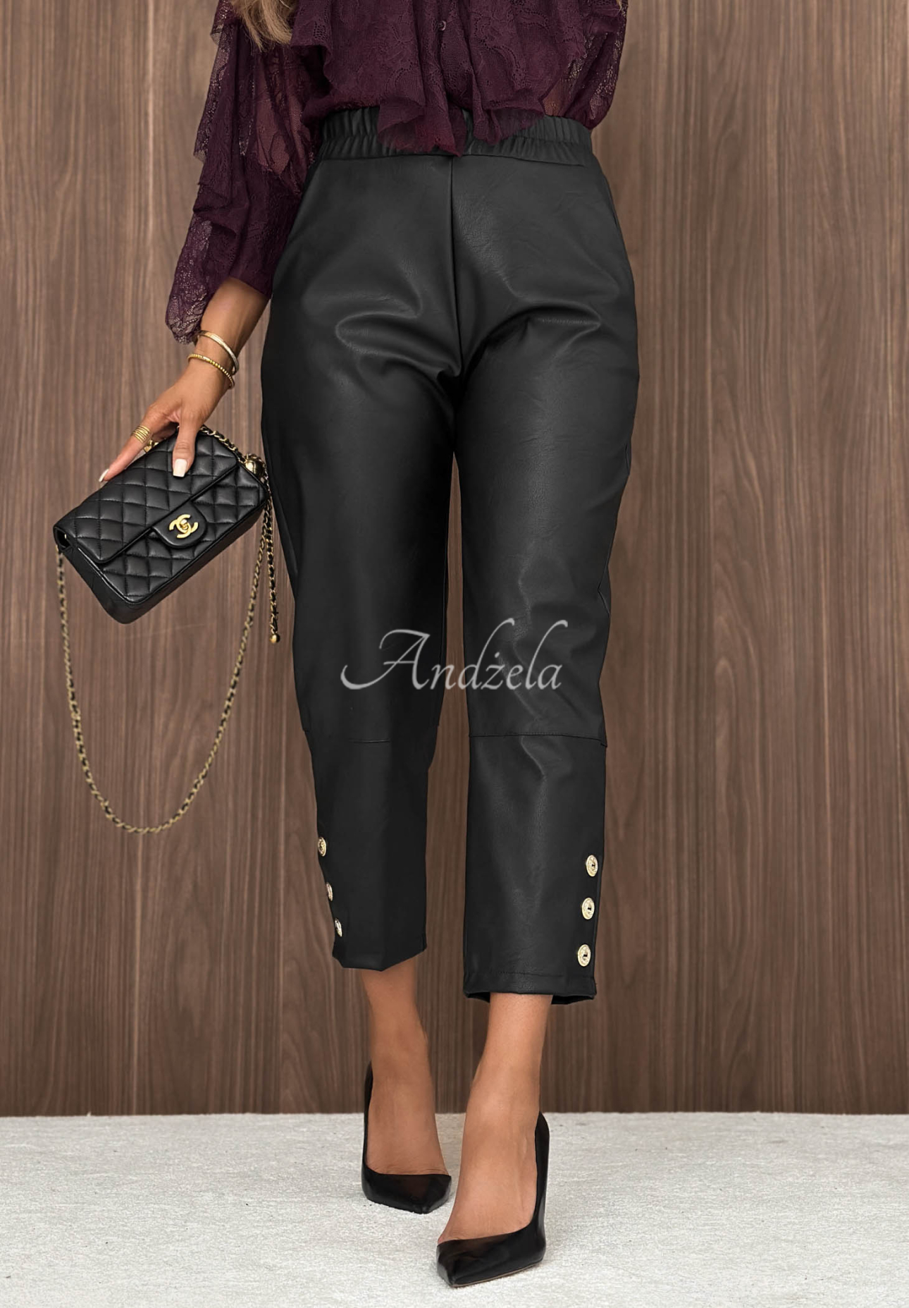 Private Meeting Black Leather Pants with Buttons