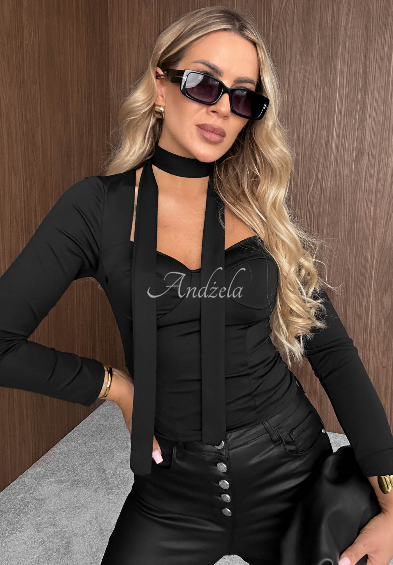 Sweet Sinner Black Long-Sleeve Corset-Style Blouse with Choker