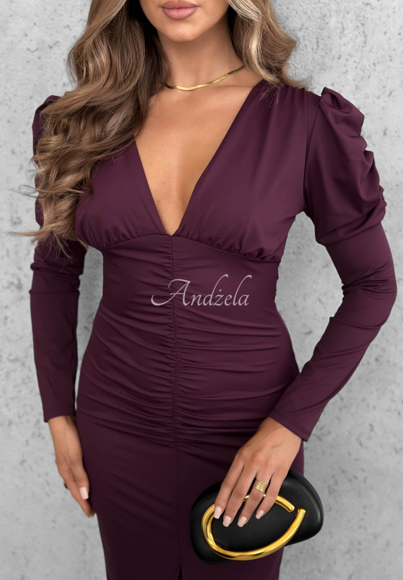Fitted midi dress with ruffles and puff sleeves in Midnight Fantasy berry