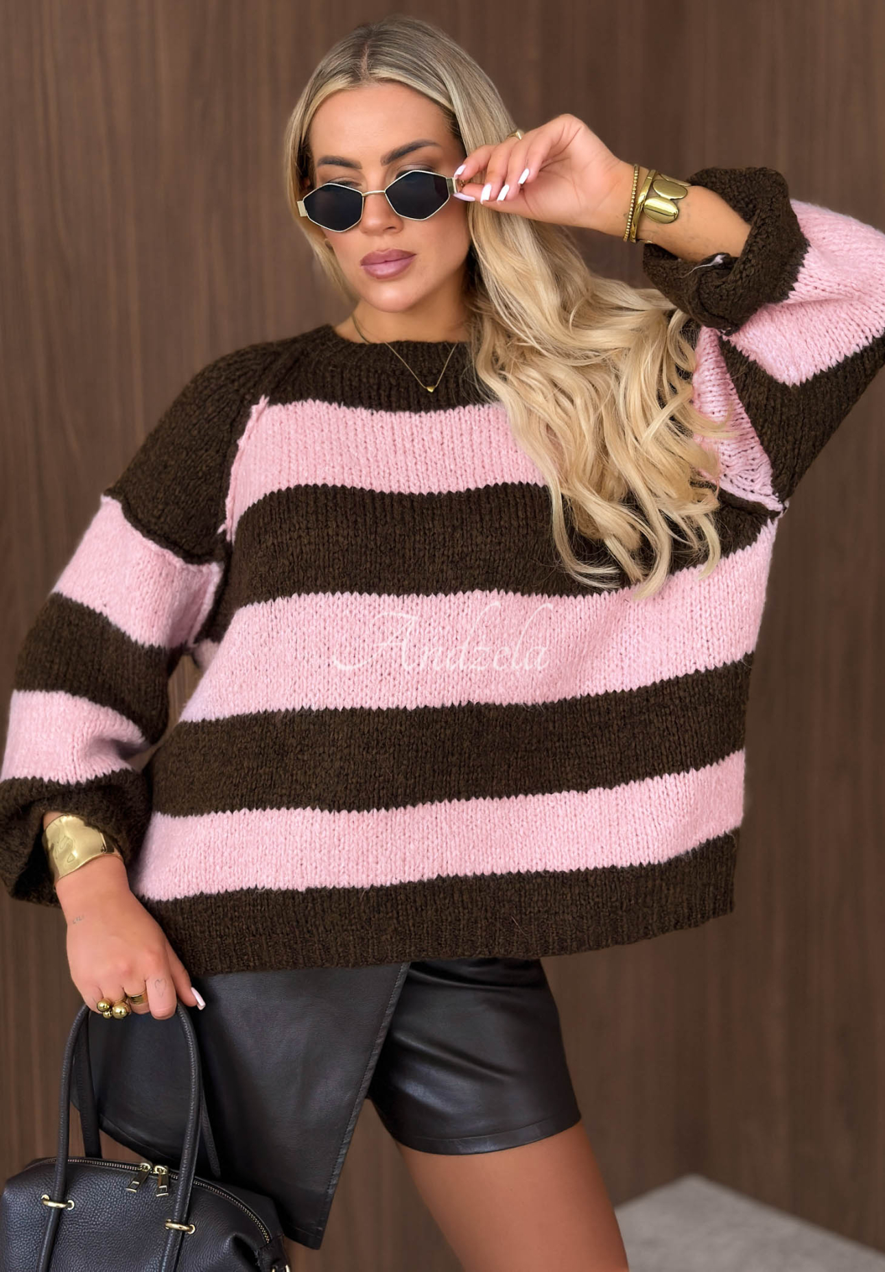 Hot Dessert Chocolate-Pink Striped Sweater Made of Wool and Viscose
