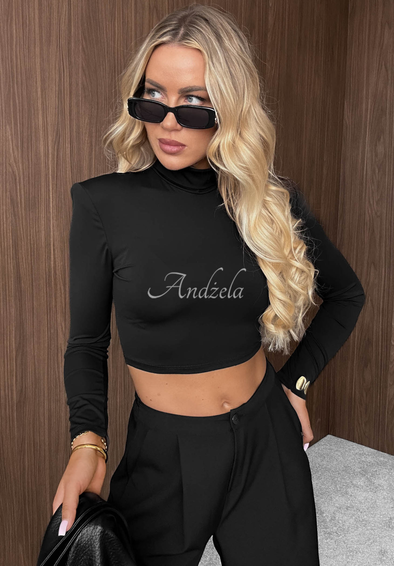Sassy Muse Short Long-Sleeve Turtleneck Top, Black