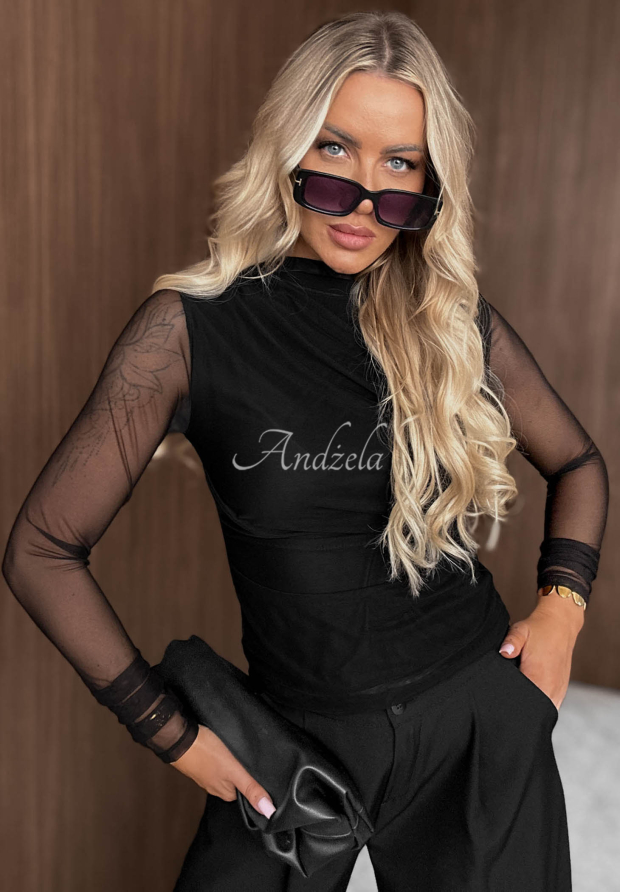 Femme Fatale Black Mesh Long-Sleeve Blouse with Ruffles