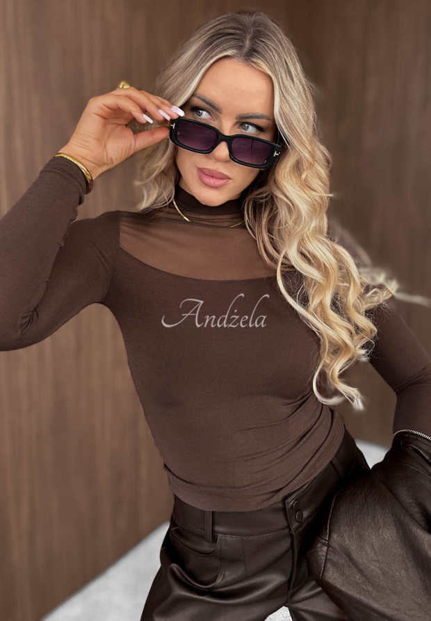 Wiskozowa bluzka longsleeve z siateczką Pretty Base czekoladowa