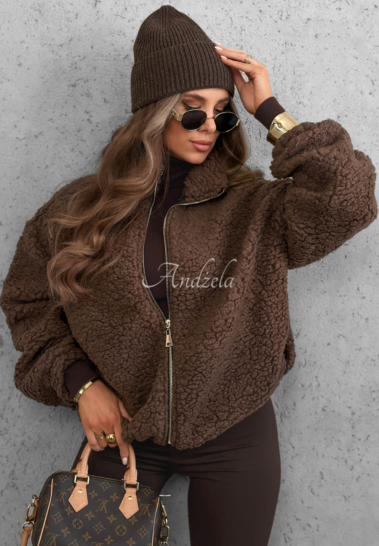 Cloud Candy Short Sherpa-Lined Bomber Jacket in Chocolate Brown