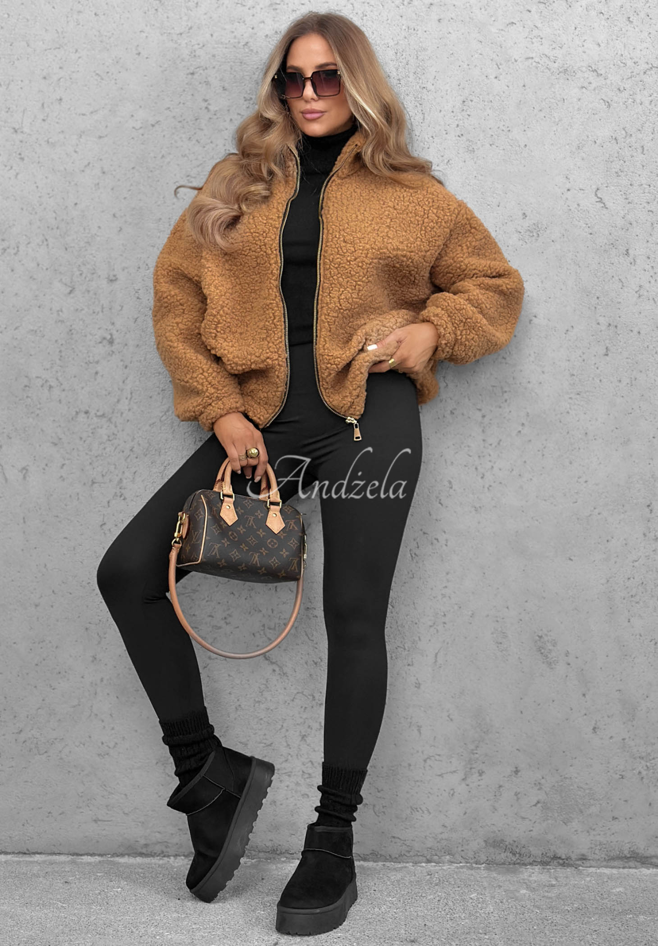 Cloud Candy Short Sherpa-Lined Bomber Jacket in Camel