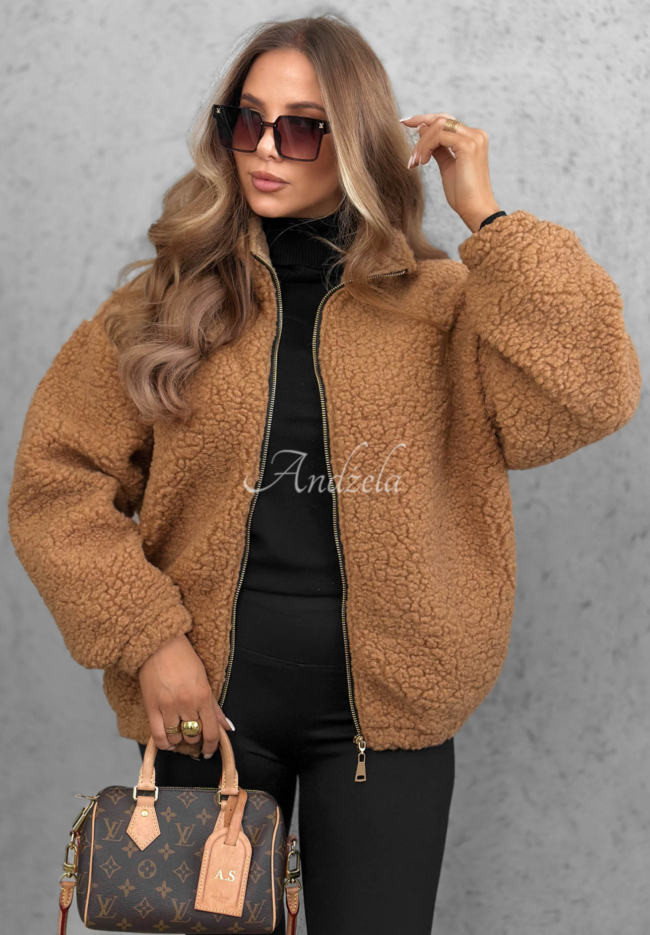 Cloud Candy Short Sherpa-Lined Bomber Jacket in Camel