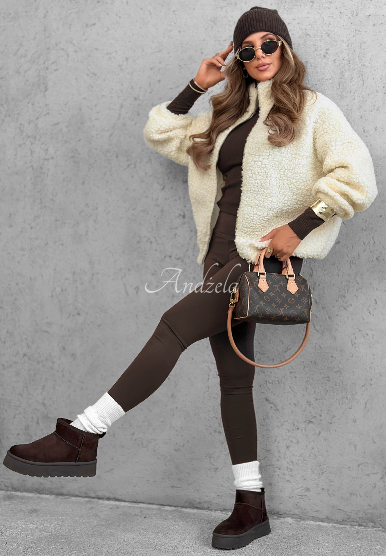 Short Sherpa-Lined Bomber Jacket by Cloud Candy in Ecru