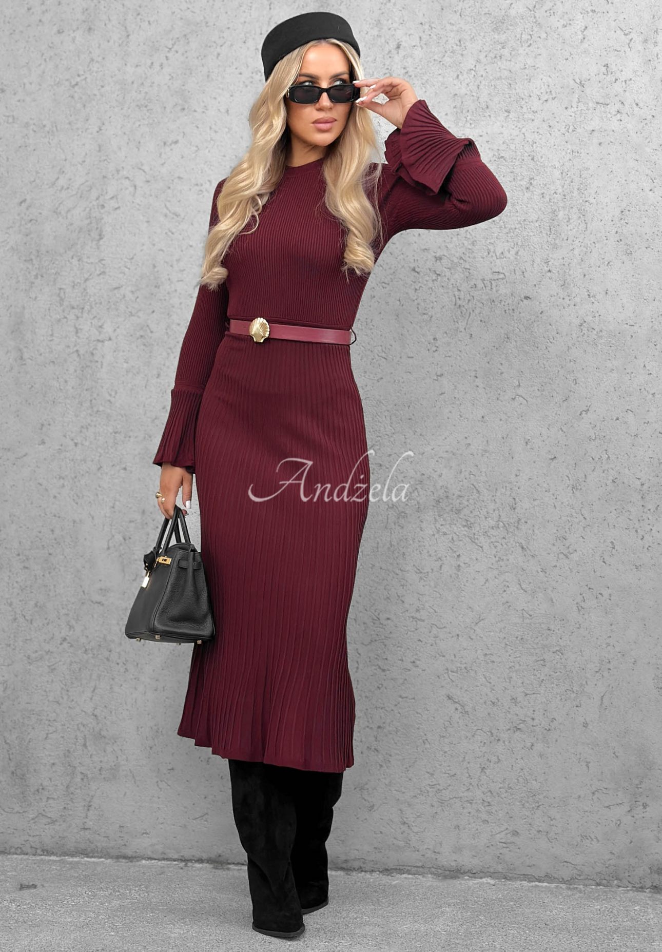 Wiskozowa sukienka midi longsleeve dzwonek Lovely Day burgundowa