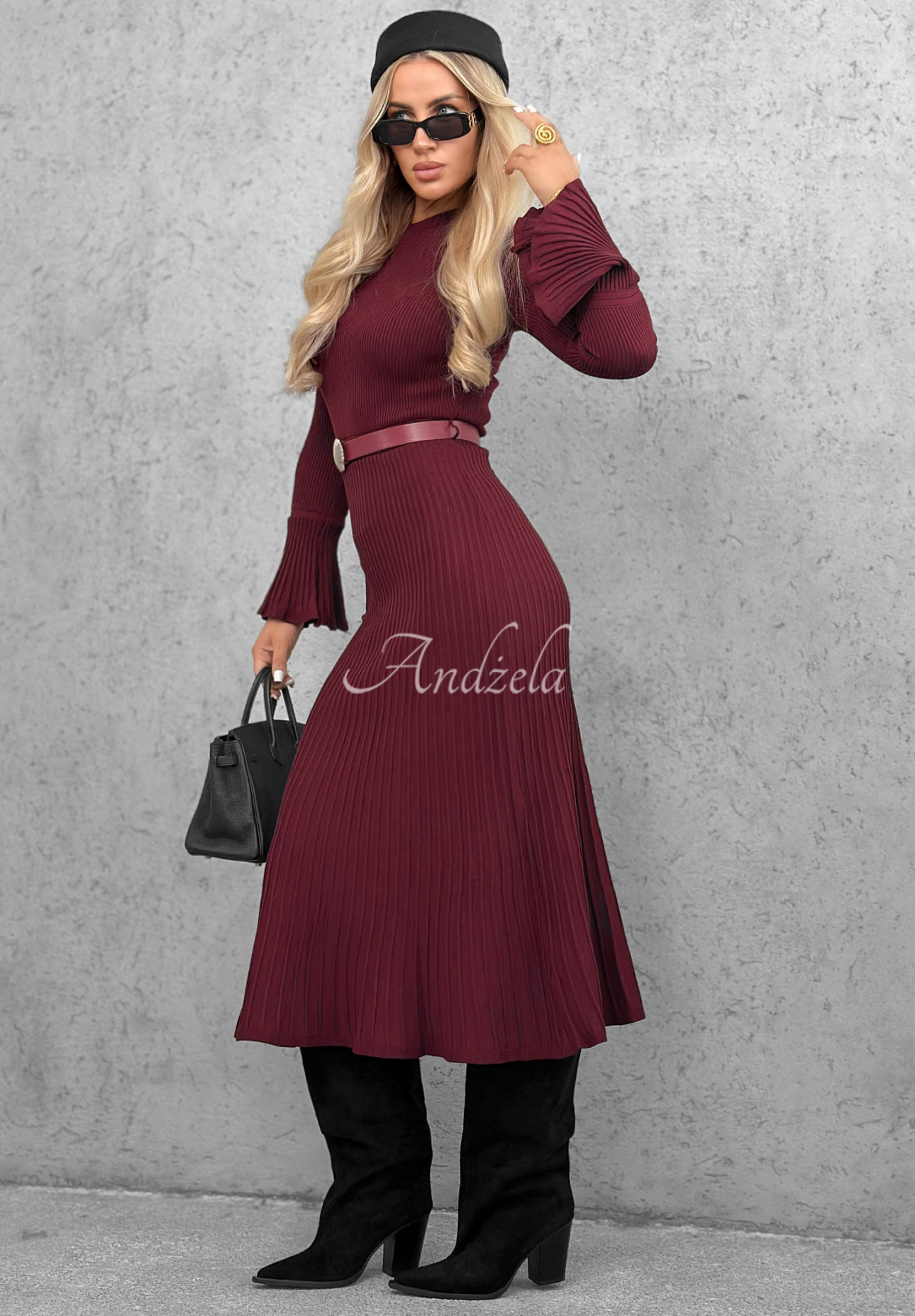 Wiskozowa sukienka midi longsleeve dzwonek Lovely Day burgundowa
