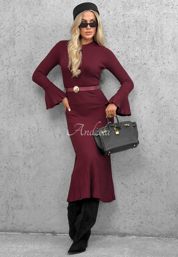 Lovely Day Burgundy Long-Sleeve Bell-Sleeve Viscose Midi Dress
