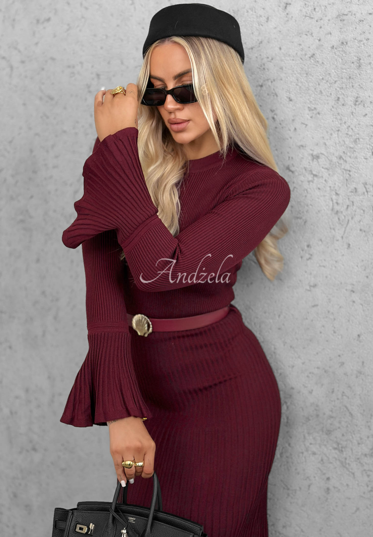 Wiskozowa sukienka midi longsleeve dzwonek Lovely Day burgundowa