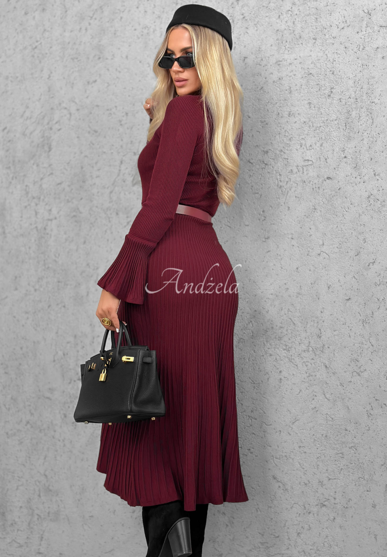 Wiskozowa sukienka midi longsleeve dzwonek Lovely Day burgundowa