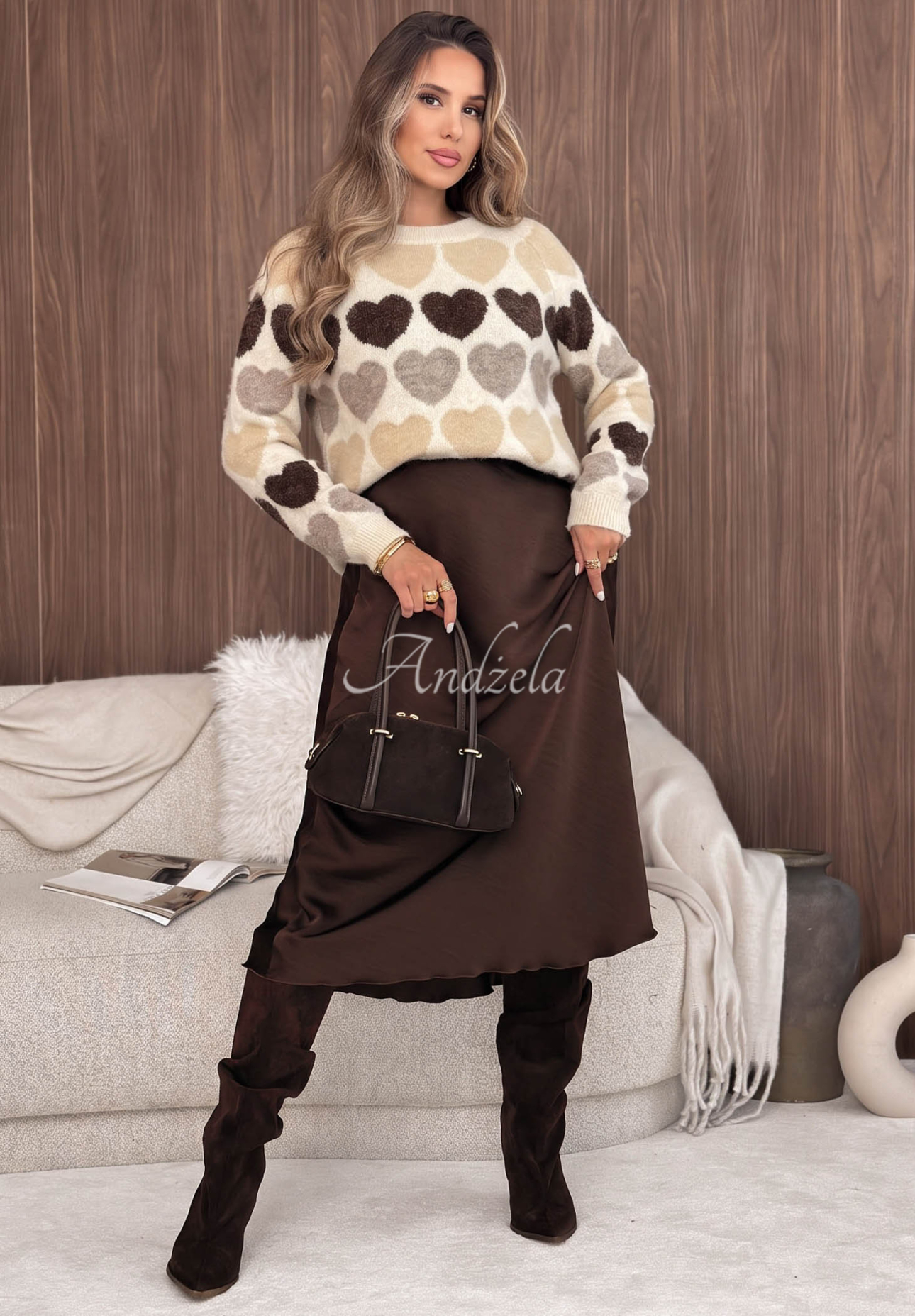 Soft Hearts Beige and Chocolate-Colored Soft Wool Sweater with Hearts