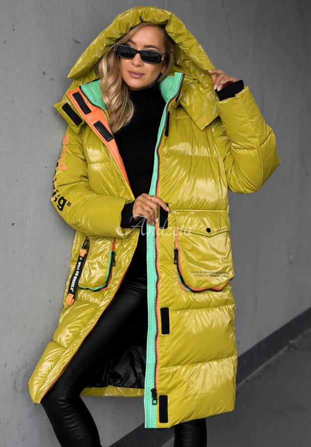 Długa pikowana kurtka z kapturem Silver Frost limonkowa