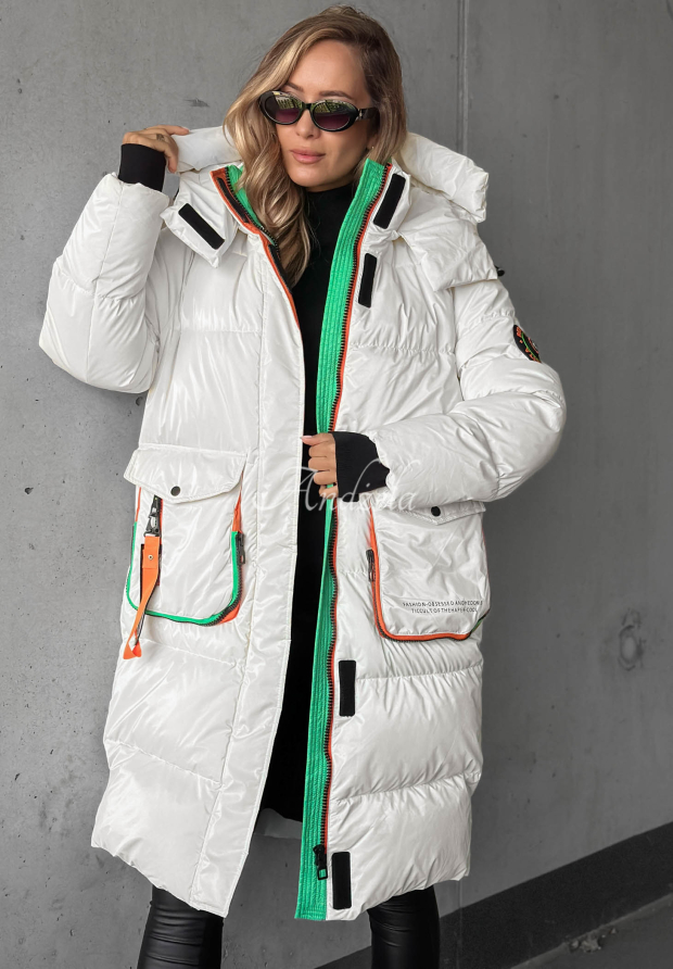 Silver Frost Long Quilted Hooded Jacket, White