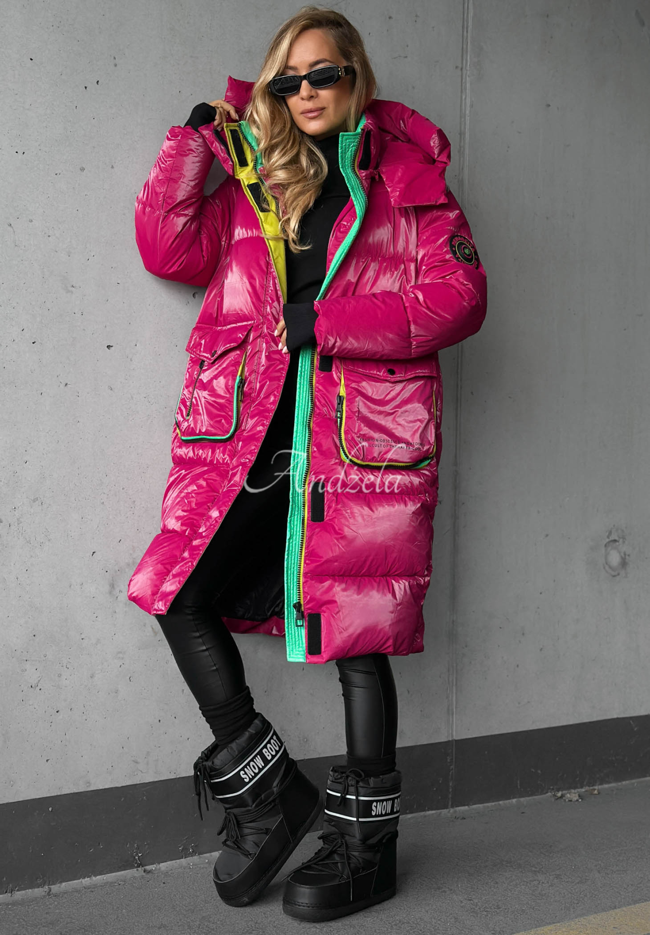 Silver Frost Long Quilted Hooded Jacket in Fuchsia