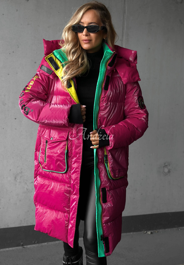 Silver Frost Long Quilted Hooded Jacket in Fuchsia